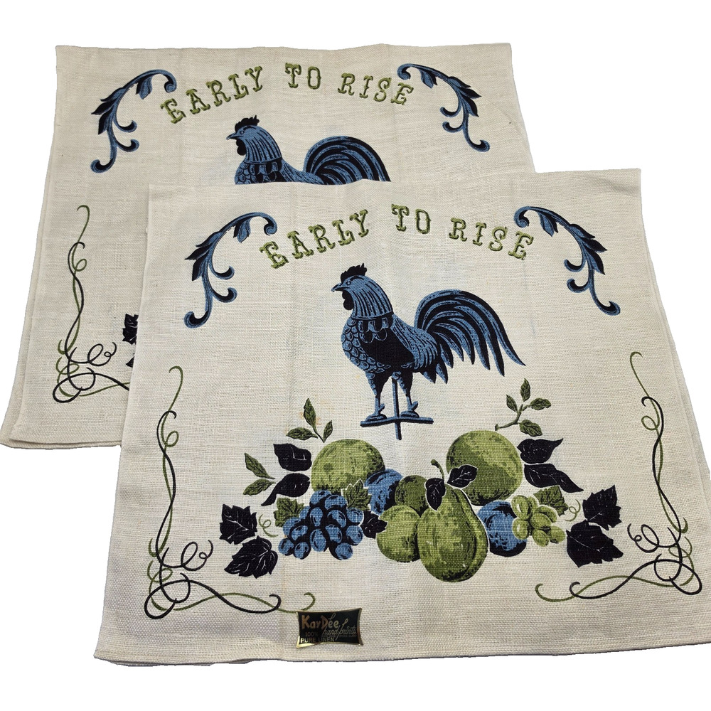 Vintage Kay Dee Early To Rise Linen Tea Towels Set 2 Rooster By Stricklands MCM
